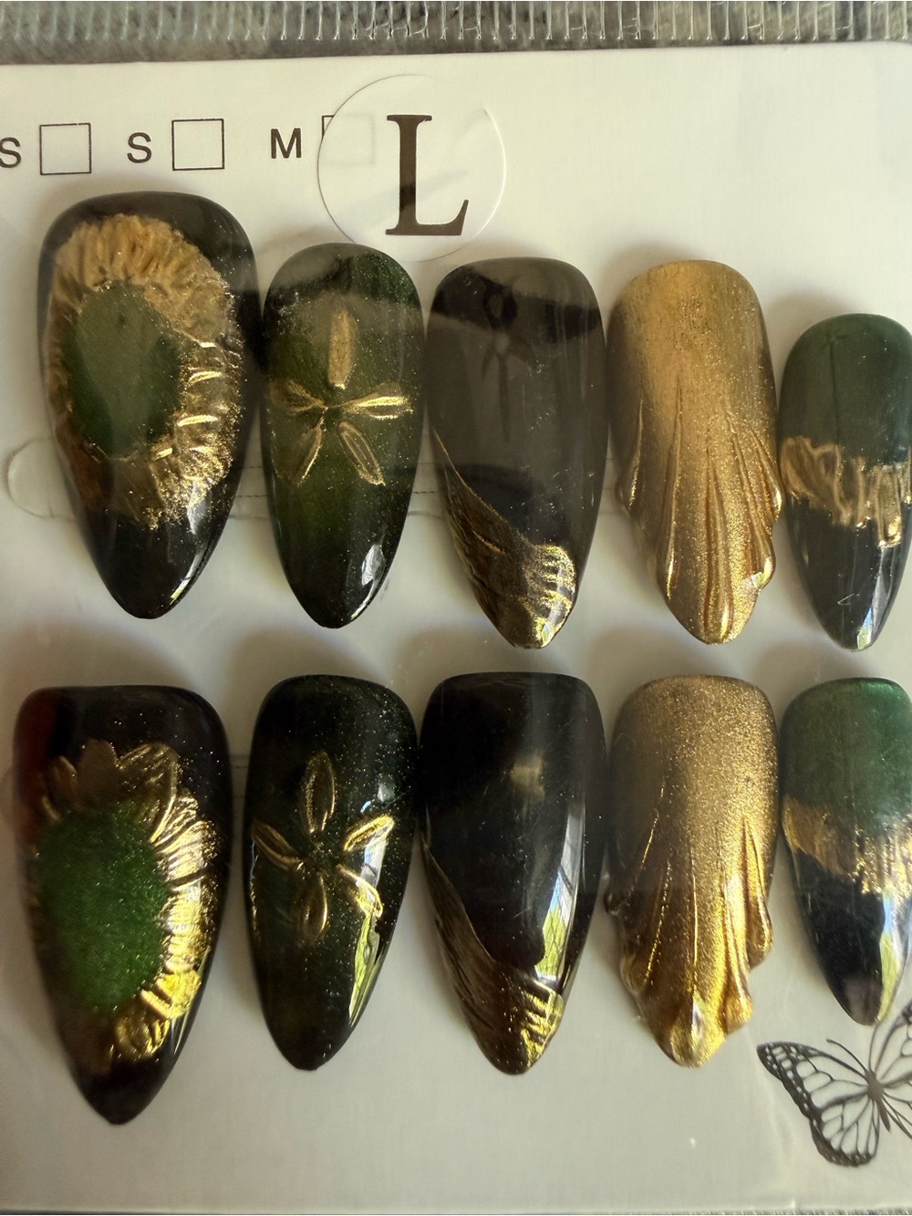 Green and Gold Hand-Painted Stiletto Press-On Nail Set
